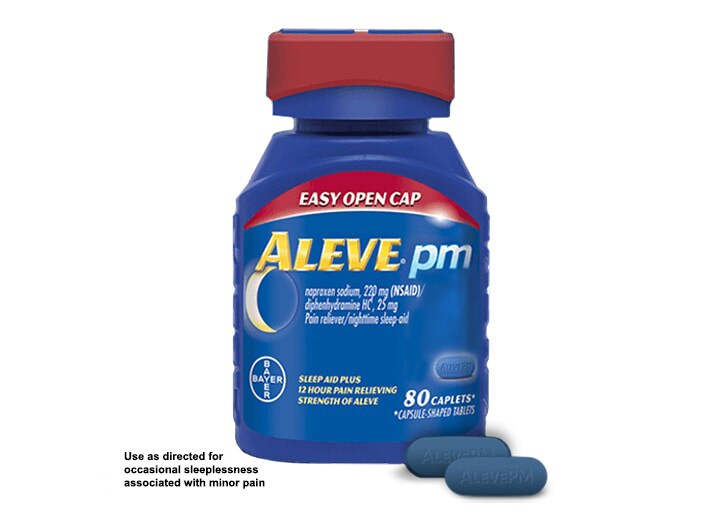 Aleve PM (naproxen and diphenhydramine) pain reliever and sleep aid available in an Easy Open Cap