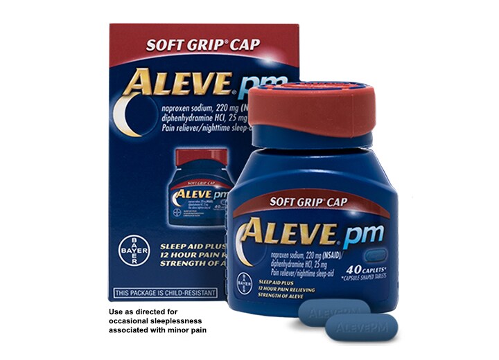 Aleve PM (naproxen and diphenhydramine) pain reliever and sleep aid available in a Soft Grip Cap
