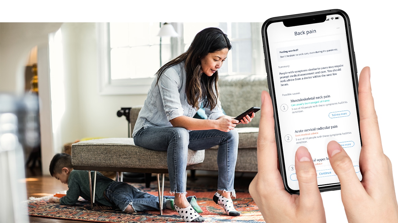 Woman sitting while looking at her mobile phone with an overlay of a mobile phone with the ADA symptom assessment app